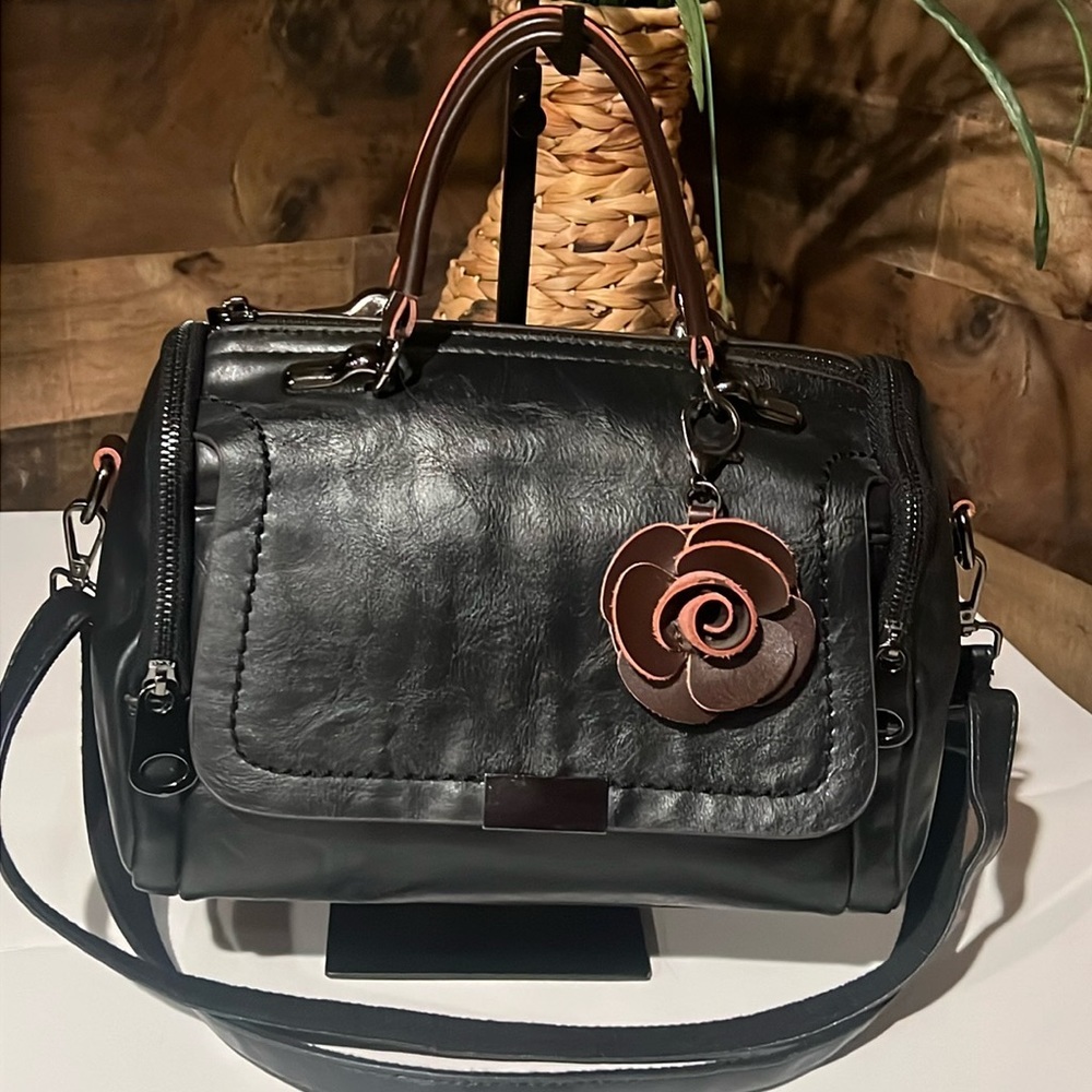 Leather Boston Crossbody Bag/Purse Mint Black